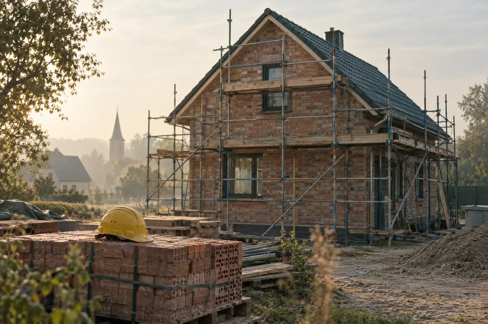 Rohbau eines Einfamilienhauses mit Gerüst, im Vordergrund Ziegel und ein gelber Bauhelm