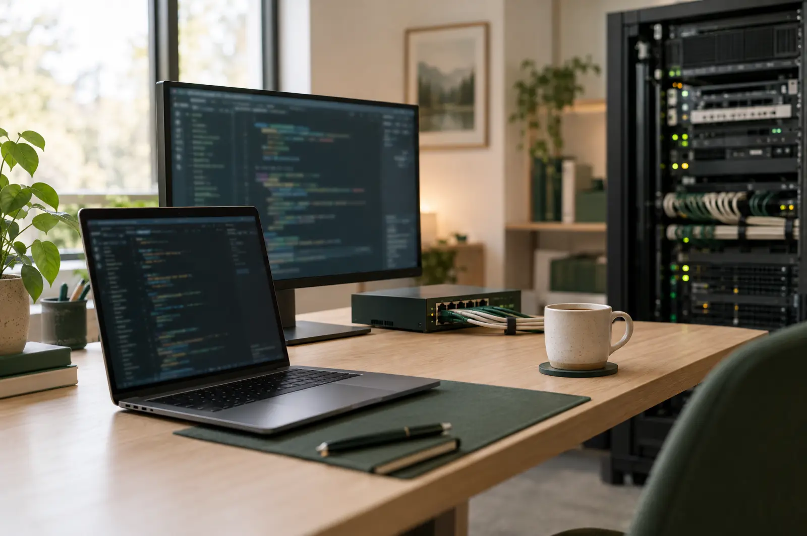 Arbeitsplatz eines IT-Dienstleisters mit Laptop, Monitor und Serverschrank im Hintergrund