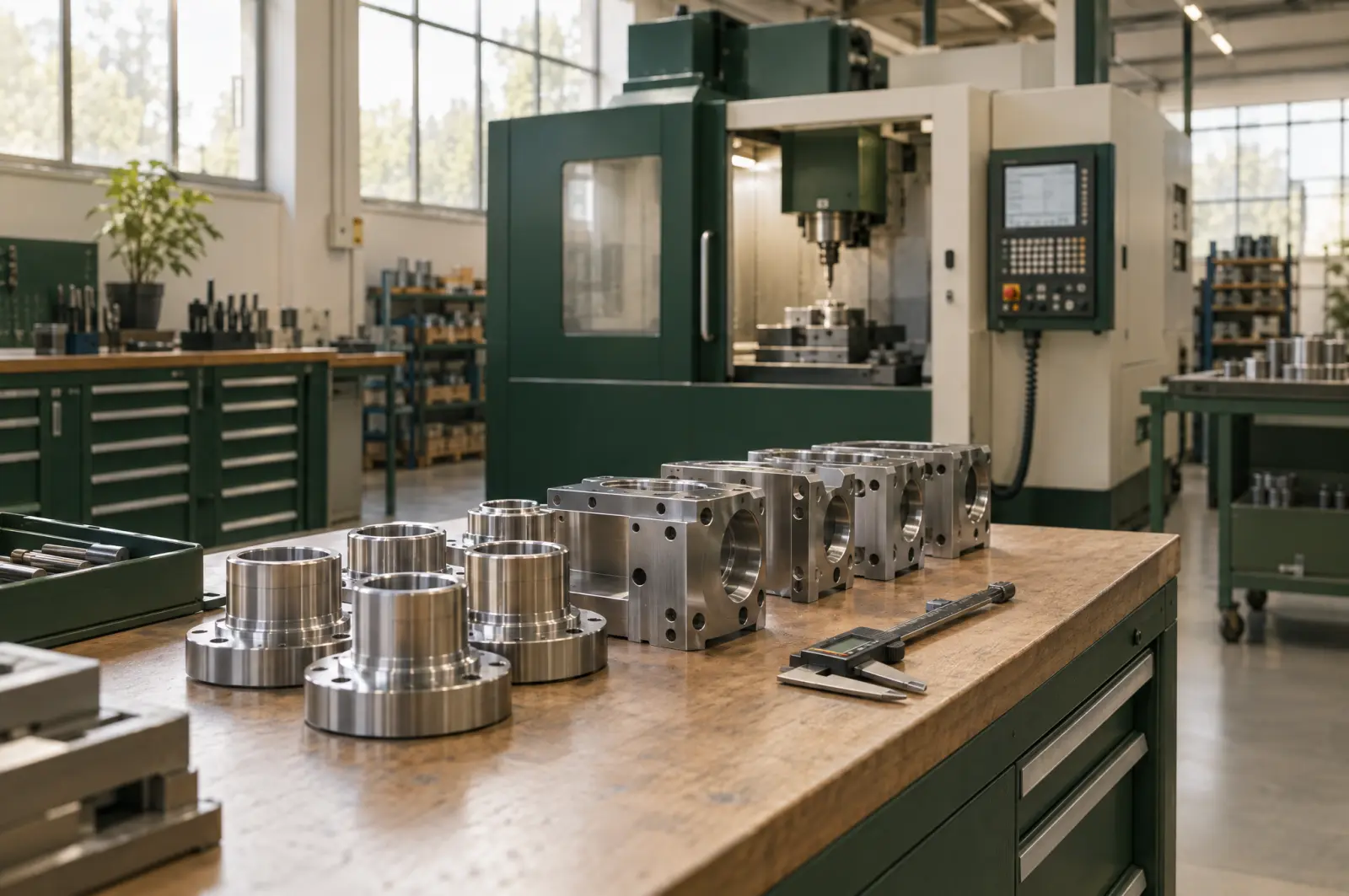 Aufgeräumte Maschinenbau-Werkstatt mit CNC-Fräsmaschine und gefertigten Stahlteilen