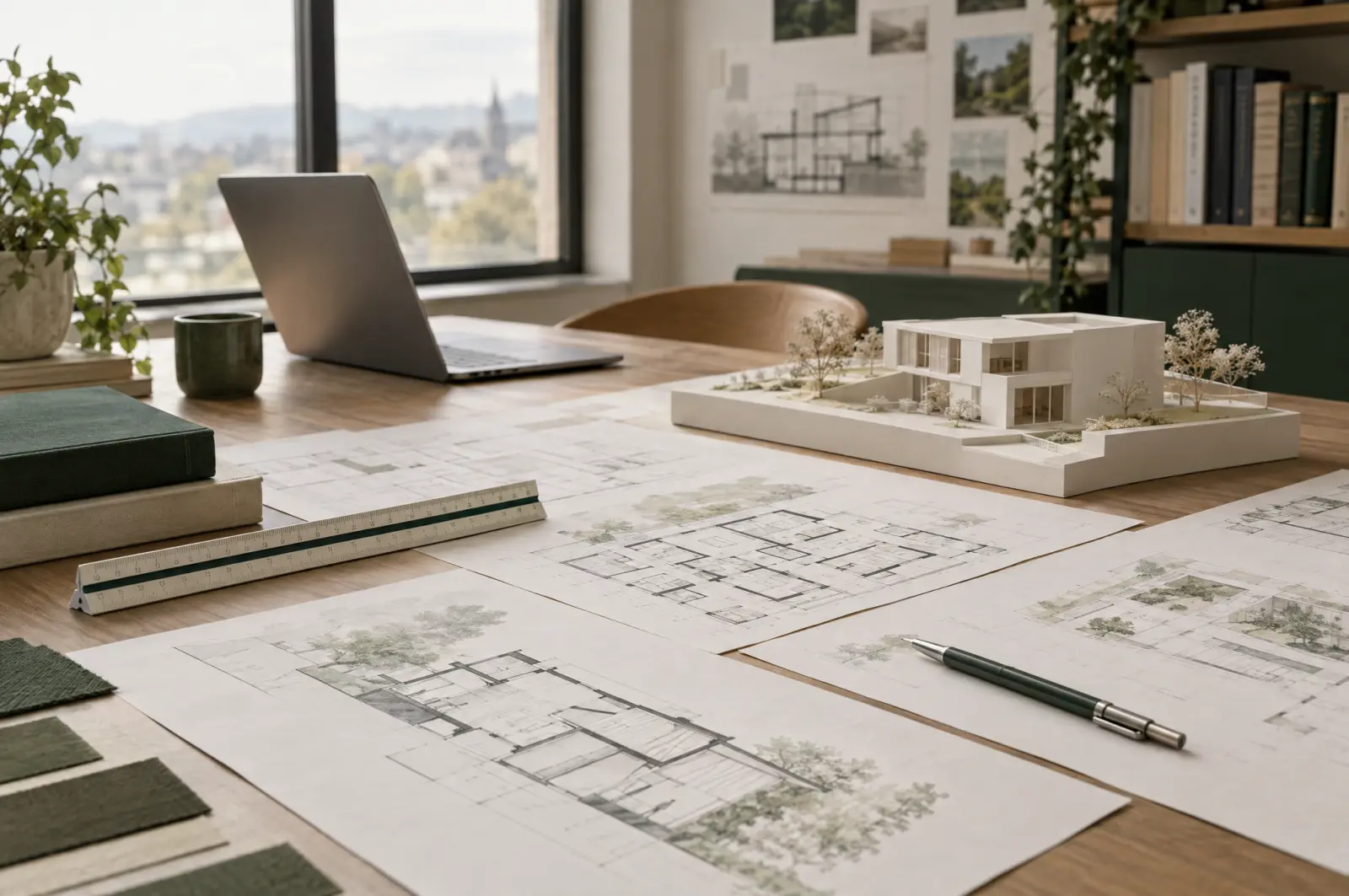 Schreibtisch eines Planungsbüros mit Grundrissen, Architekturmodell und Maßstab