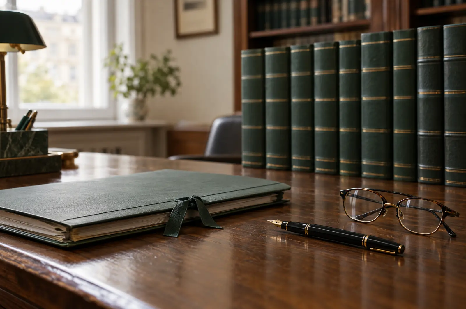Schreibtisch einer Anwaltskanzlei mit grünen Gesetzbüchern, Aktenmappe und Füller