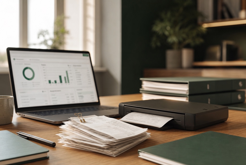 Laptop mit Buchhaltungssoftware neben digitalisierten Belegen